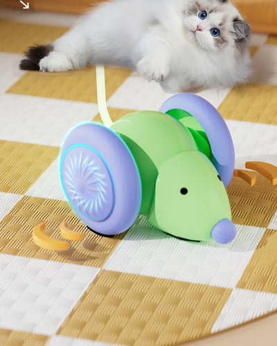 Green and purple electric mouse car cat toy with a glowing tail on a woven mat, designed for interactive play. - Image 24