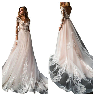 Vestido de Novia Manga Larga con Encaje Ajustado y Cola - Image 6