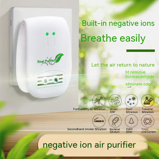 White and light blue plug-in air purifier with a leaf logo and 'Rnai Purifier' text on the front.