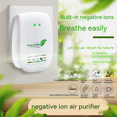 White and light blue plug-in air purifier with a leaf logo and 'Rnai Purifier' text on the front.