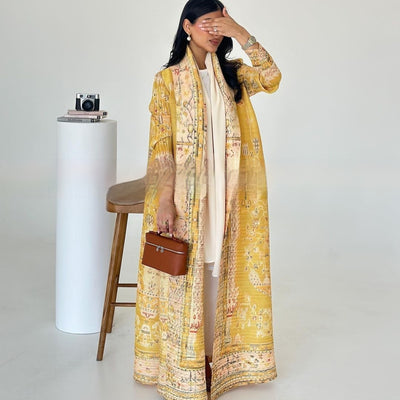 Cardigan Djellaba Étnico con Pliegues y Estampado - Capa Clásica de Moda - Image 10