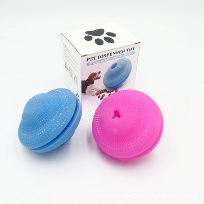 Blue TPR pet toy ball with textured surface, designed for food dispensing and molar training, with kibble scattered around. - Image 4