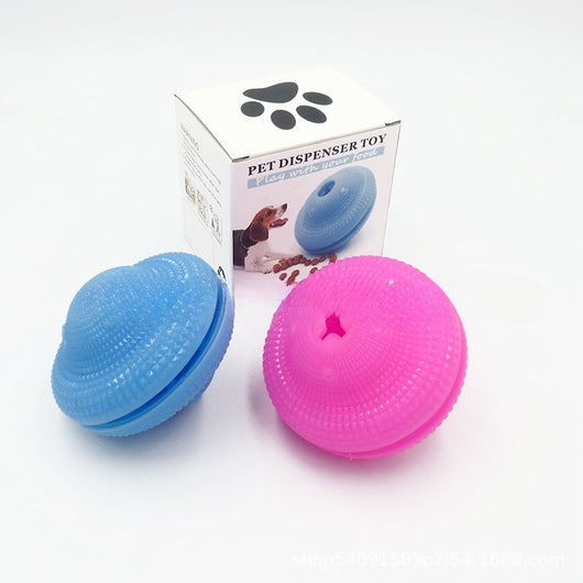 Blue TPR pet toy ball with textured surface, designed for food dispensing and molar training, with kibble scattered around. - Image 4