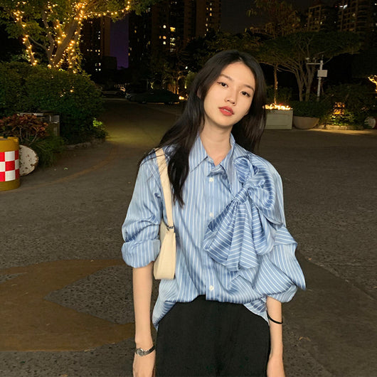 Blusa Casual Azul a Rayas con Lazo Coreano y Manga Larga para Mujer - Image 10