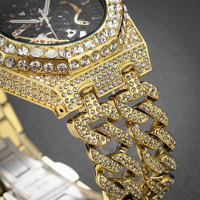 Reloj Automático Hip Hop con Cadena Cubana de Diamantes Completos y Eslabón Hueco - Image 6