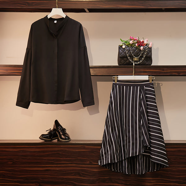 Traje Casual Elegante: Blusa Manga Larga y Falda para Mujer
