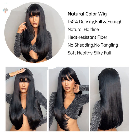 Peluca Larga Lisa Negra con Flequillo - Cabello Sintético Premium - Image 3