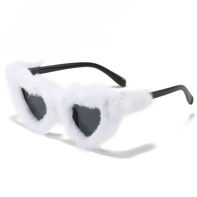 Pink plush heart-shaped sunglasses with light pink tinted lenses and matching pink plastic temples. - Image 5