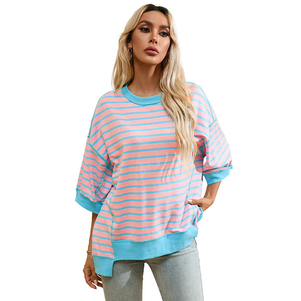 Playera Manga Corta Rayas con Combinación de Colores para Mujer - Image 7