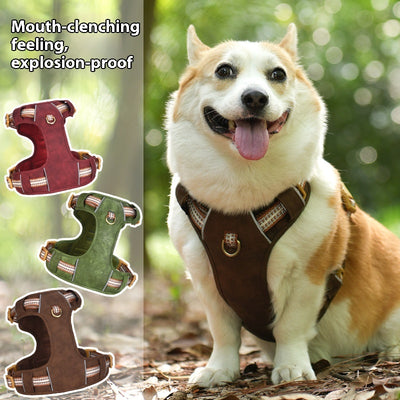 Brown leather pet harness with reflective stripes, adjustable tan buckles, and a gold D-ring on a white background. - Image 5