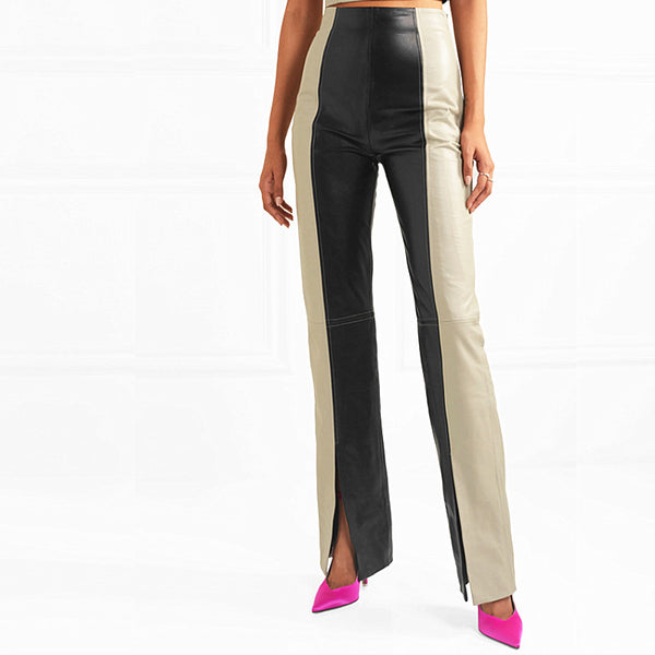 Pantalones PU Cuero Bicolor Cintura Alta Slim