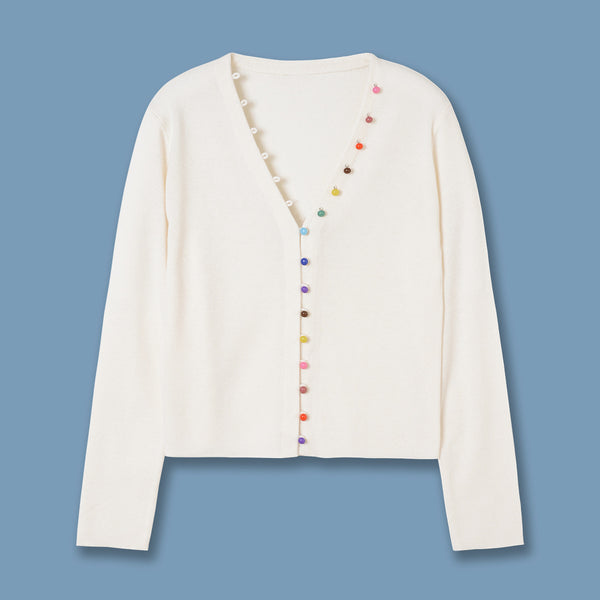 Cardigan de Lana Blanco Cuello V con Hebilla Arcoíris - Suéter Elegante Primavera - Image 6