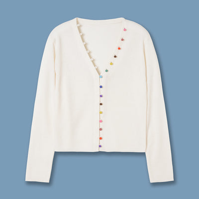 Cardigan de Lana Blanco Cuello V con Hebilla Arcoíris - Suéter Elegante Primavera - Image 6
