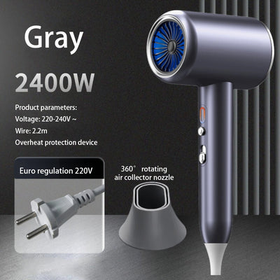 Gray professional hair dryer with a blue fan, 1875W, shown with a US 110V plug and a rotating air collector nozzle. - Image 7