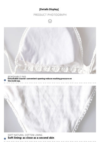 White crochet bikini with red heart appliques on the bra cups and tie-side bottoms, modeled by a woman. - Image 7