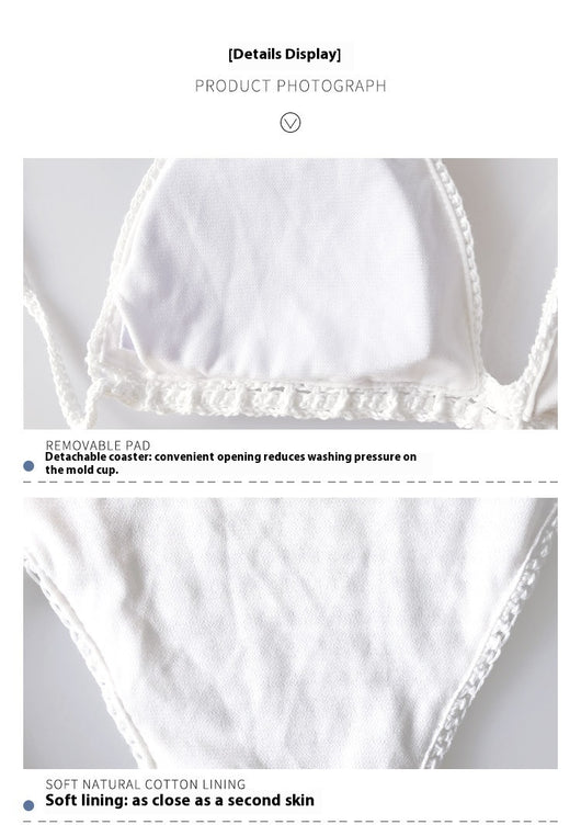 White crochet bikini with red heart appliques on the bra cups and tie-side bottoms, modeled by a woman. - Image 7