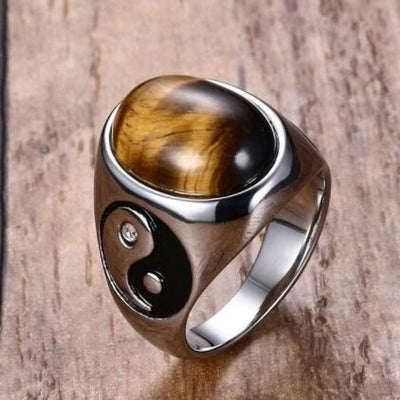 Anillo de Acero Inoxidable con Ojo de Tigre y Símbolo Yin Yang para Hombre