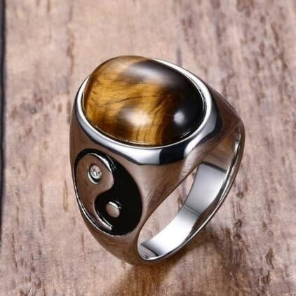 Anillo de Acero Inoxidable con Ojo de Tigre y Símbolo Yin Yang para Hombre