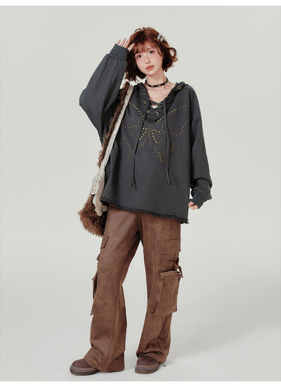 Sudadera Retro con Capucha Mujer - Cuello V Cordones y Remaches - Image 21