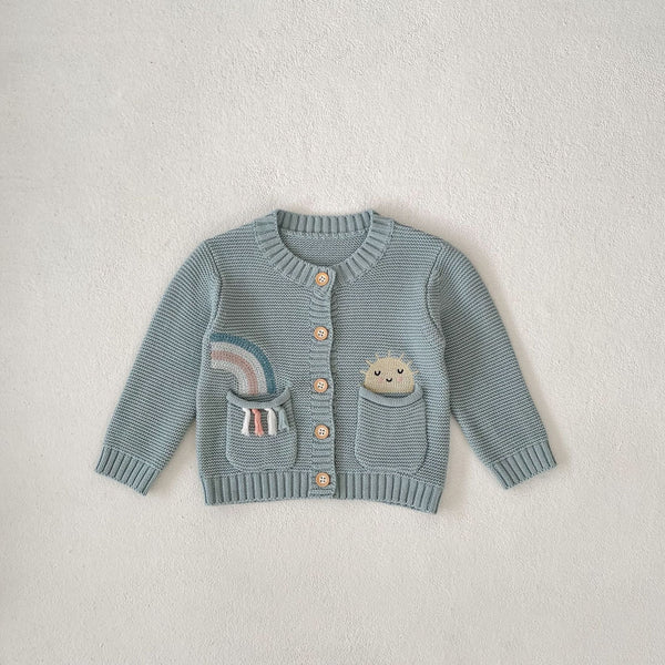 Cardigan Infantil de Algodón con Patrón Arcoíris Bordado y Bolsillos Dobles - Image 6
