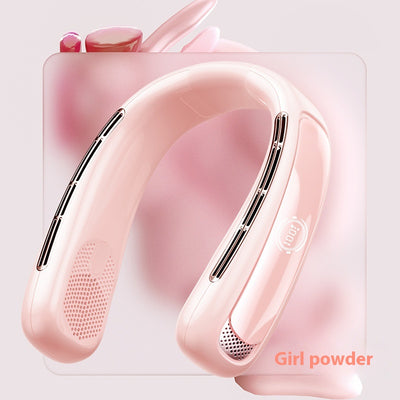 Light blue U-shaped neck fan with a digital display showing 100% charge and multiple air vents. - Image 6
