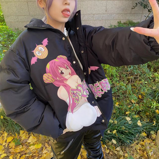 Chaqueta Acolchada Unisex con Cuello Alto y Estampado Loli