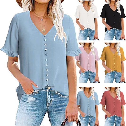 Blusa Ejecutiva con Volantes y Cuello en V
