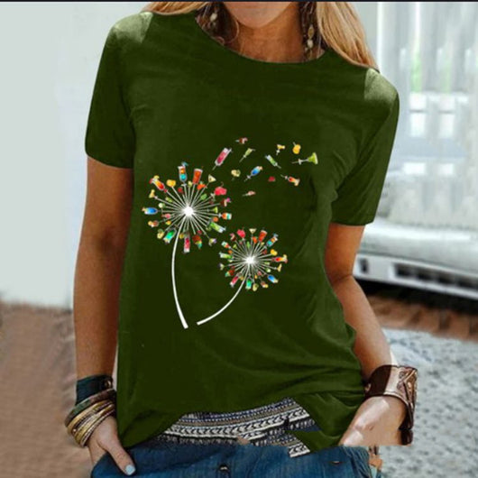 Camiseta Mujer Cuello Redondo Manga Corta Estampado Diente de León Vino - Image 8