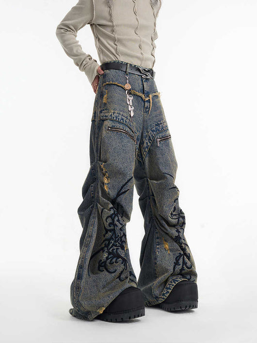 Jeans Vintage Desgastado con Cremallera y Bordados Plisados - Image 8