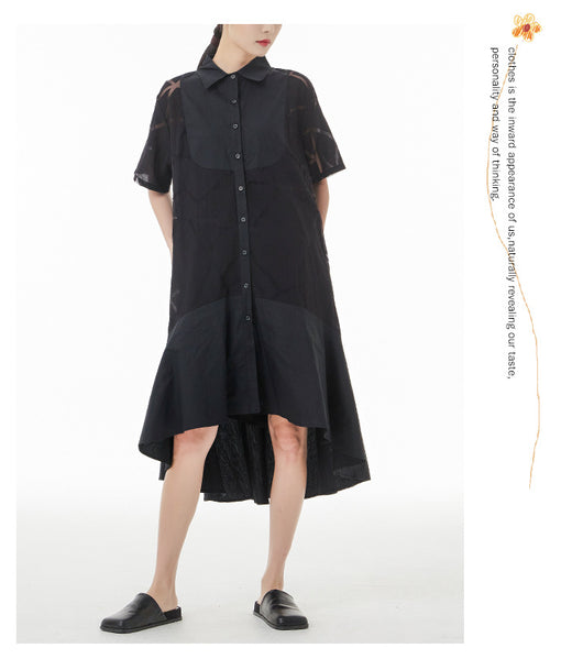 Vestido Camisero Retro Francés con Patrón Geométrico Transparente - Image 15