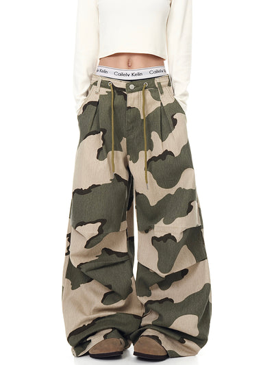 Pantalones Overol Camuflaje Plisados con Cordón - Corte Recto Ancho y Suelto - Image 5