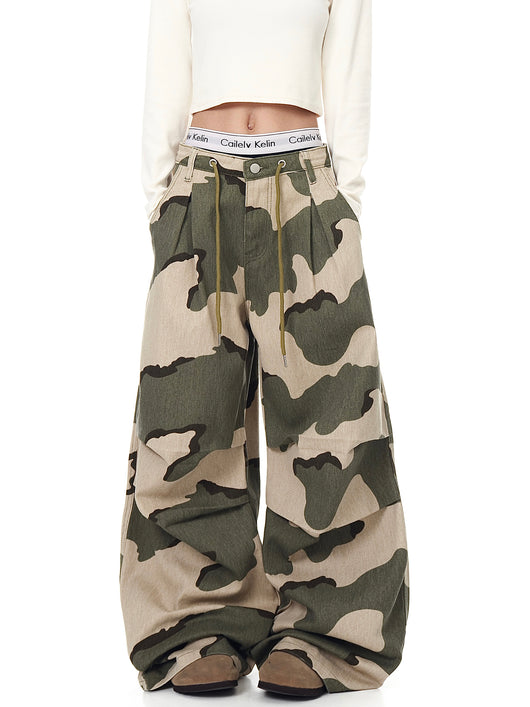 Pantalones Overol Camuflaje Plisados con Cordón - Corte Recto Ancho y Suelto - Image 5