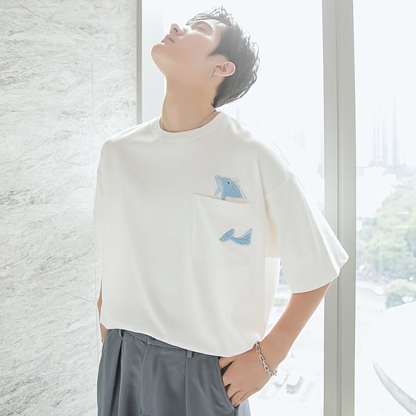 Playera Blanca con Estampado de Ballena Cartoon para Hombre