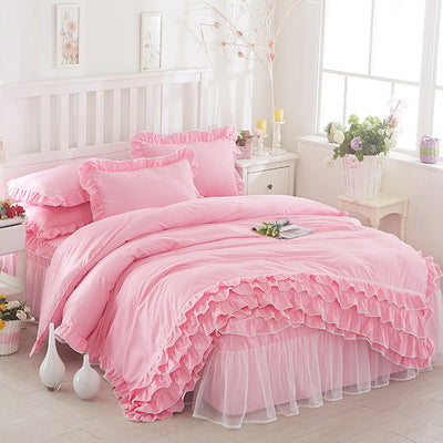 Juego de Cama Princesa con Encaje - Cubrecama Estilo Falda de Cama Cuatro Piezas Color Sólido - Image 6