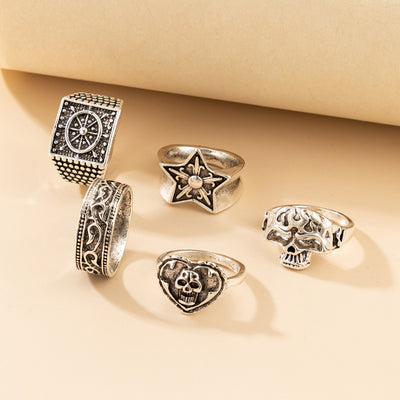 Set de 5 Anillos Hip-hop Punk Calavera Estrella y Amor para Halloween - Image 7