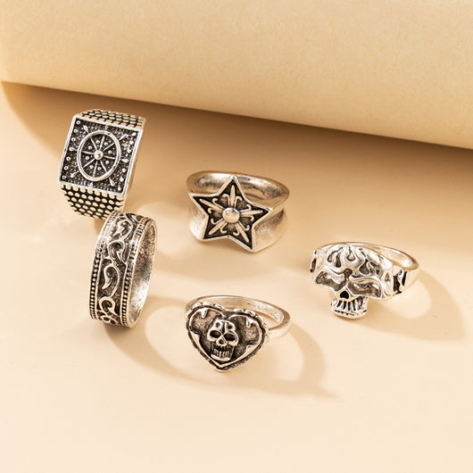 Set de 5 Anillos Hip-hop Punk Calavera Estrella y Amor para Halloween - Image 7
