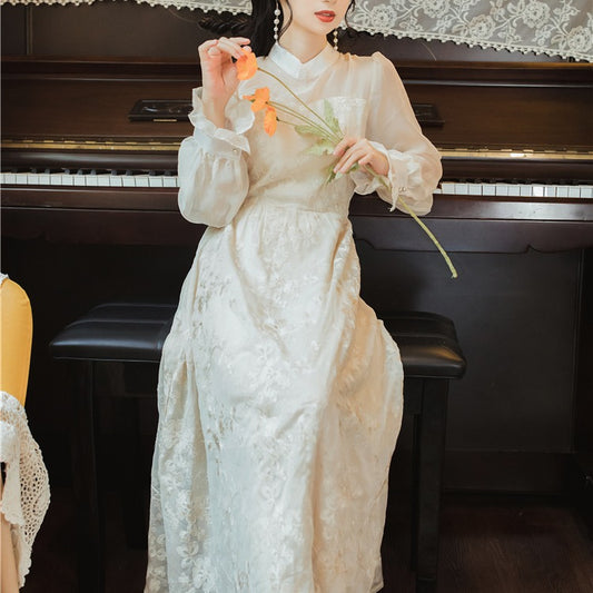 Vestido Cheongsam de Encaje con Falda Larga Estilo Hada