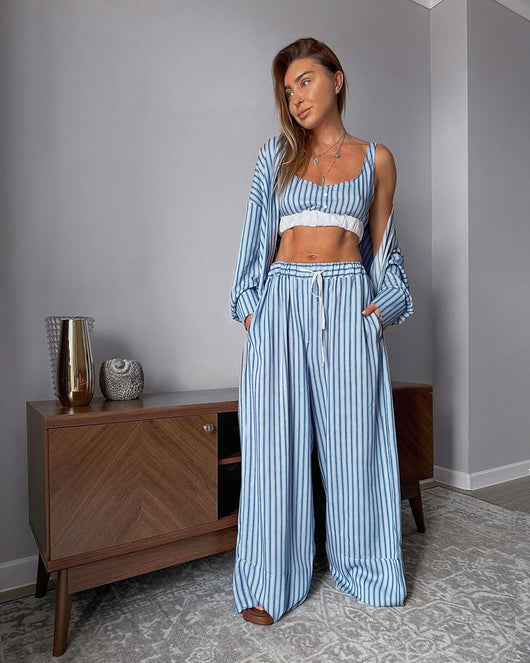 Conjunto de 3 Piezas Y2K Mujer: Top Rayado, Camisa Manga Larga y Pantalón Elástico - Image 33