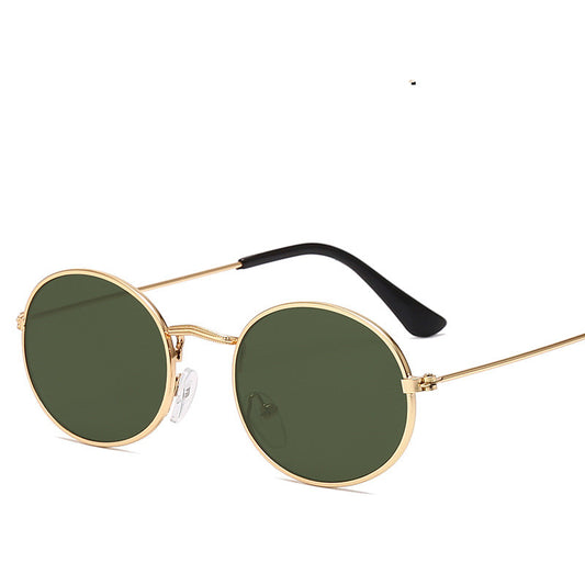Retro round frame sunglasses with gold metal frames, black lenses, and black temple tips on a white background. - Image 2