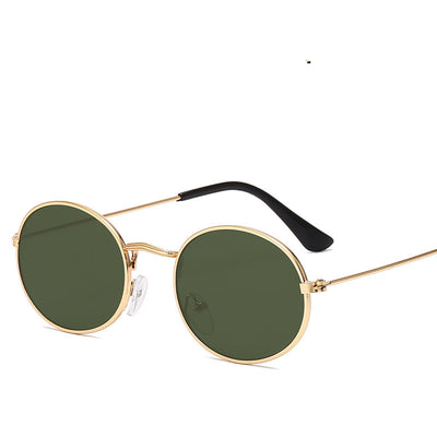 Retro round frame sunglasses with gold metal frames, black lenses, and black temple tips on a white background. - Image 2