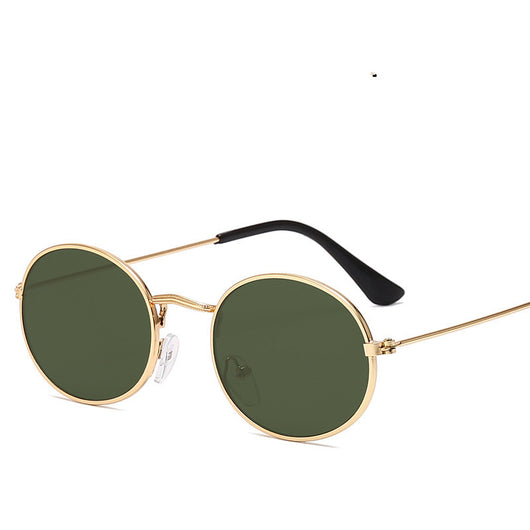 Retro round frame sunglasses with gold metal frames, black lenses, and black temple tips on a white background. - Image 2