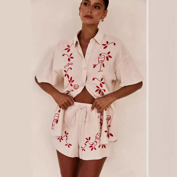 Conjunto Casual de Camisa Corta con Bordado 3D y Textura