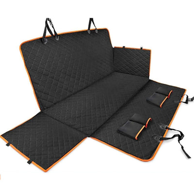 Black quilted Oxford cloth car pet mat installed in a car's rear seat, featuring a hammock design with side flaps. - Image 13