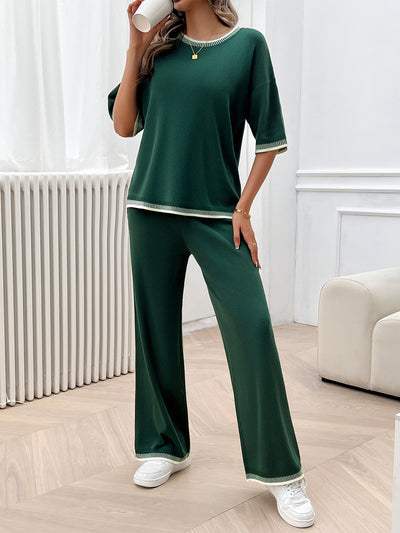 Conjunto de 2 Piezas: Blusa Suelta de Punto con Contraste + Pantalón - Image 21