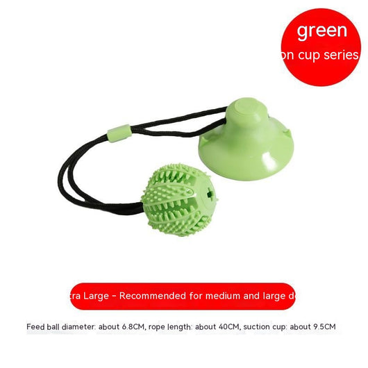 Green dog toy with a suction cup base and a textured ball on a black cord, designed for food dispensing and teeth cleaning. - Image 7