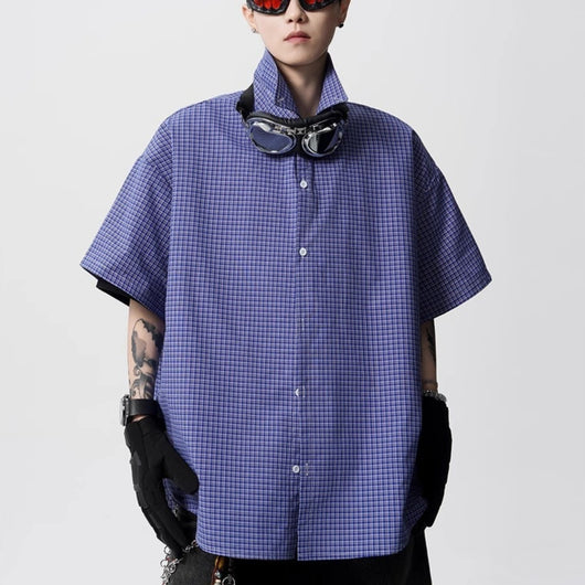Camisa Preppy de Cuadros Azul Retro Americana de Manga Corta para Hombre