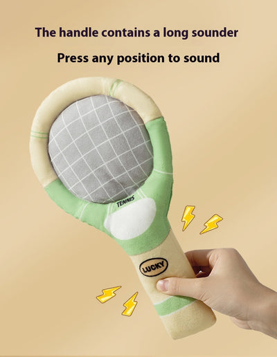 Plush dog toy set featuring a green and beige tennis racket (29cm) and a matching 6cm tennis ball. - Image 10