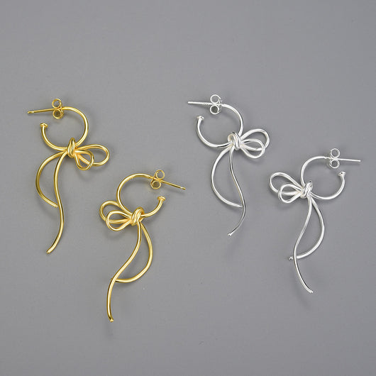 Aretes de Plata S925 Diseño Minimalista Moño para Mujer