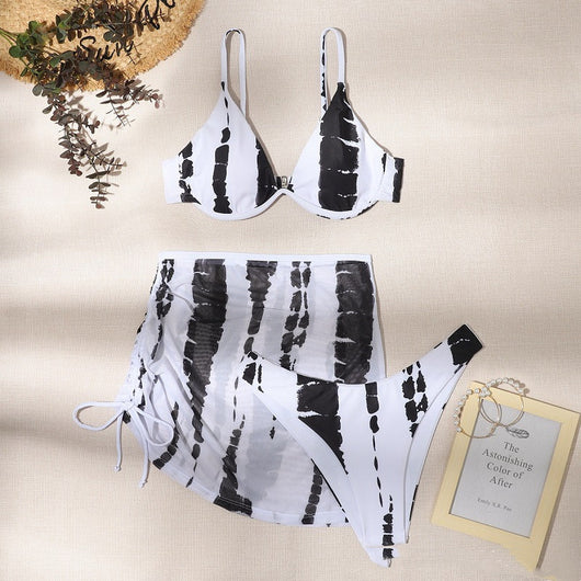 Traje de Baño de Tres Piezas con Soporte de Acero Negro y Blanco - Image 3