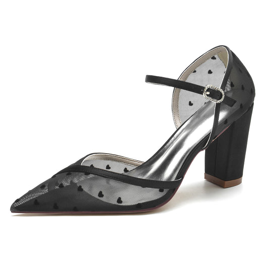Zapatos de Novia Blancos con Punta Fina y Tacón Robusto - Encaje Hueco Transparente - Image 9